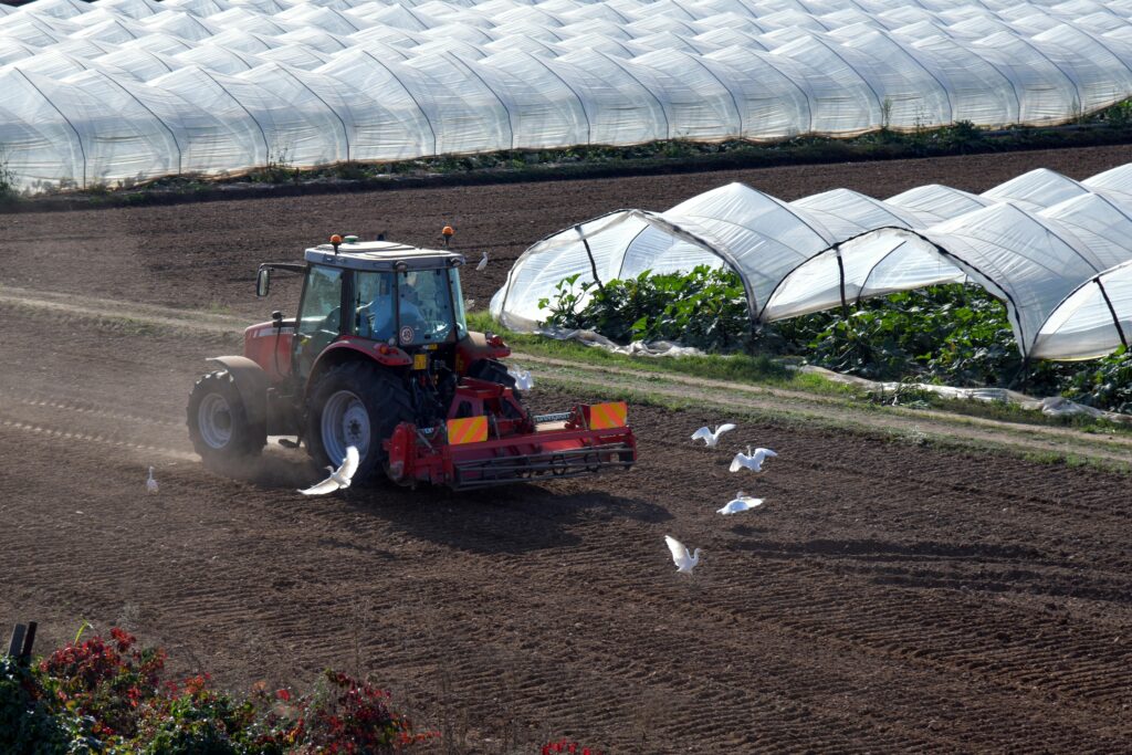 Projetos Red tractor plowing soil in an agricultural field next to greenhouses with birds flying around.
