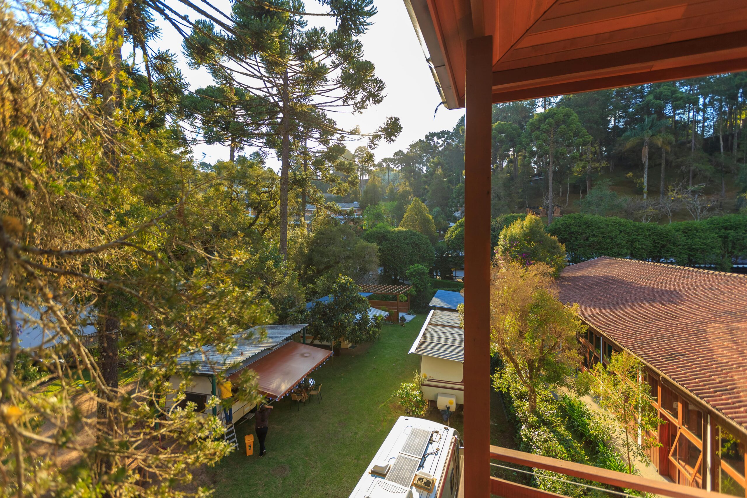 Charming forest view from a wooden balcony captures lush greenery and rooftops under a clear sky.